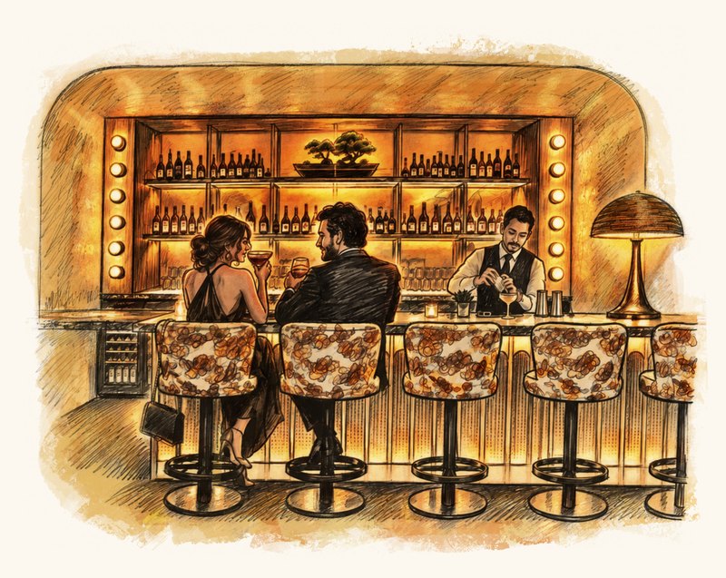 Colour illustration of the members’ bar in warm amber light: a couple seated on floral bar stools while a bartender mixes a drink in front of a lit back bar.