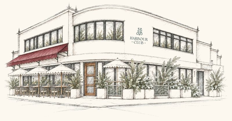 Illustration of Harbour Club on Bay Road: a two-storey corner building with a red awning, café umbrellas and palms along the terrace.
